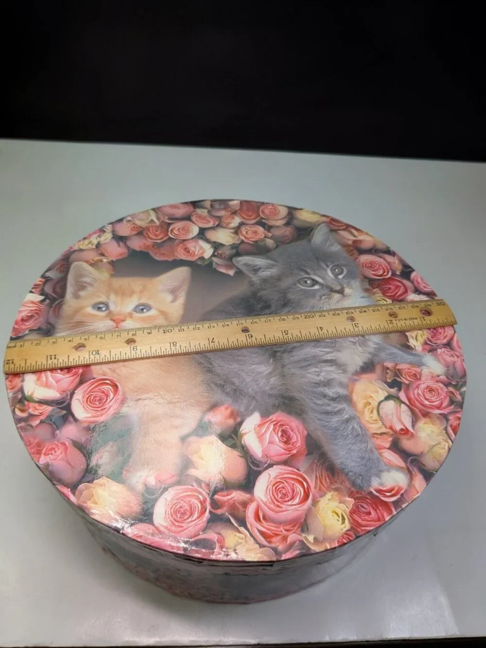 Vintage Large Round Kitten & Pink Roses Cardboard Hat Box Storage 12
